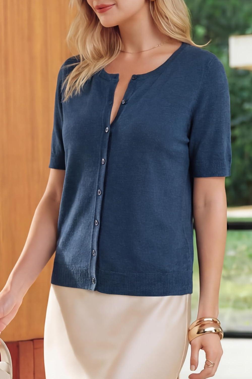 imageArachampCloz Womens Lightweight Short Sleeve Business Casual Cropped Cardigan TopsAdark Blue