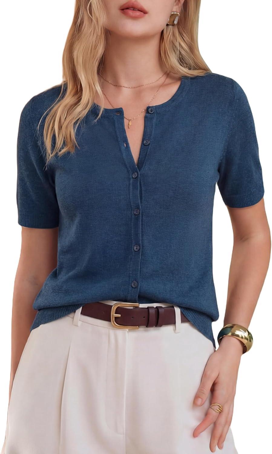 imageArachampCloz Womens Lightweight Short Sleeve Business Casual Cropped Cardigan TopsAdark Blue