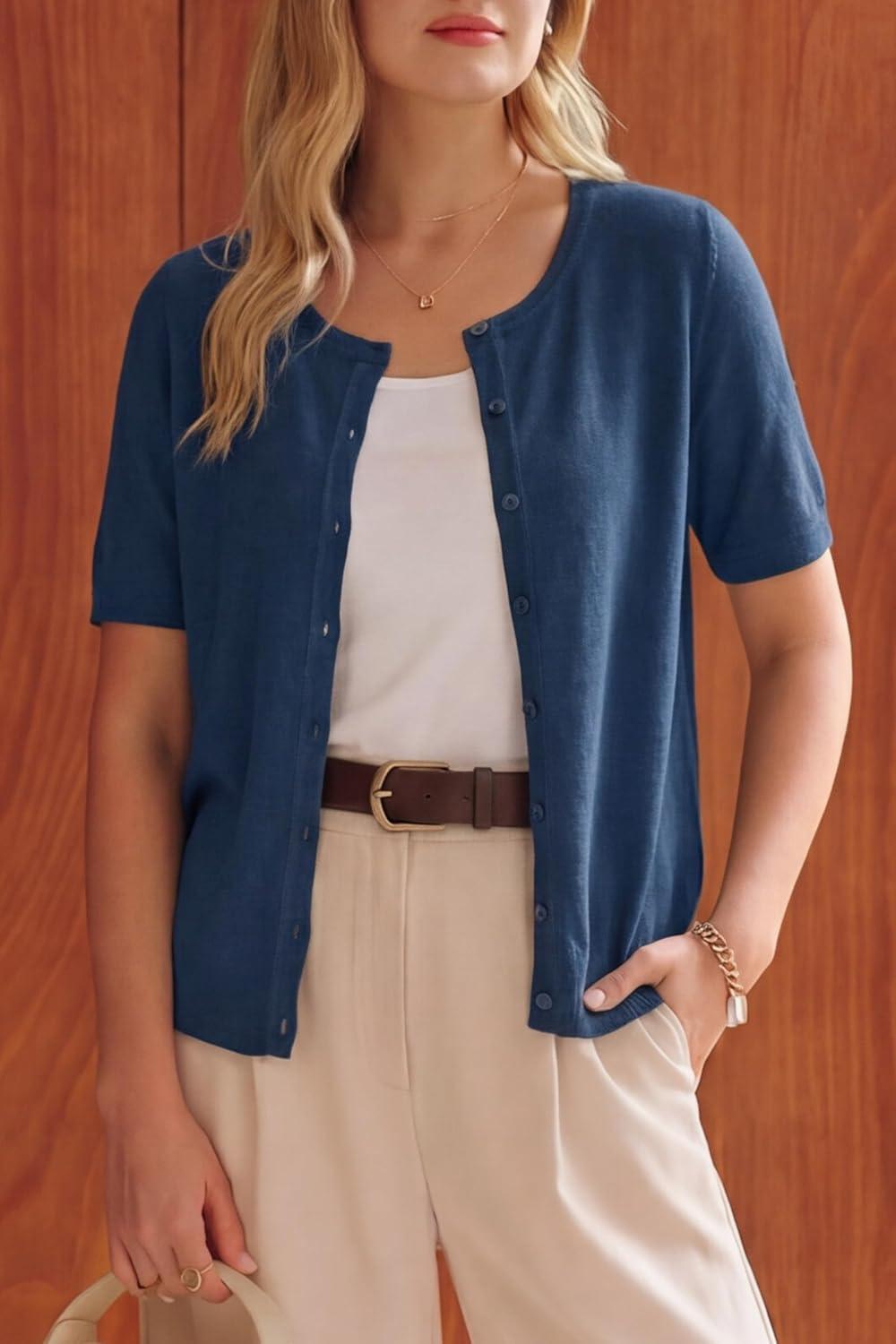 imageArachampCloz Womens Lightweight Short Sleeve Business Casual Cropped Cardigan TopsAdark Blue