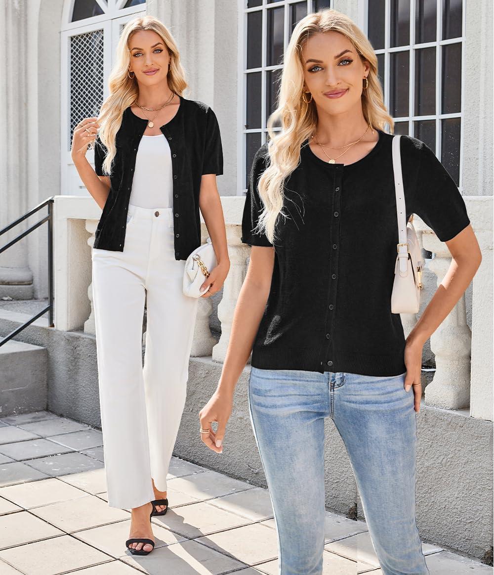 imageArachampCloz Womens Lightweight Short Sleeve Business Casual Cropped Cardigan TopsBlack
