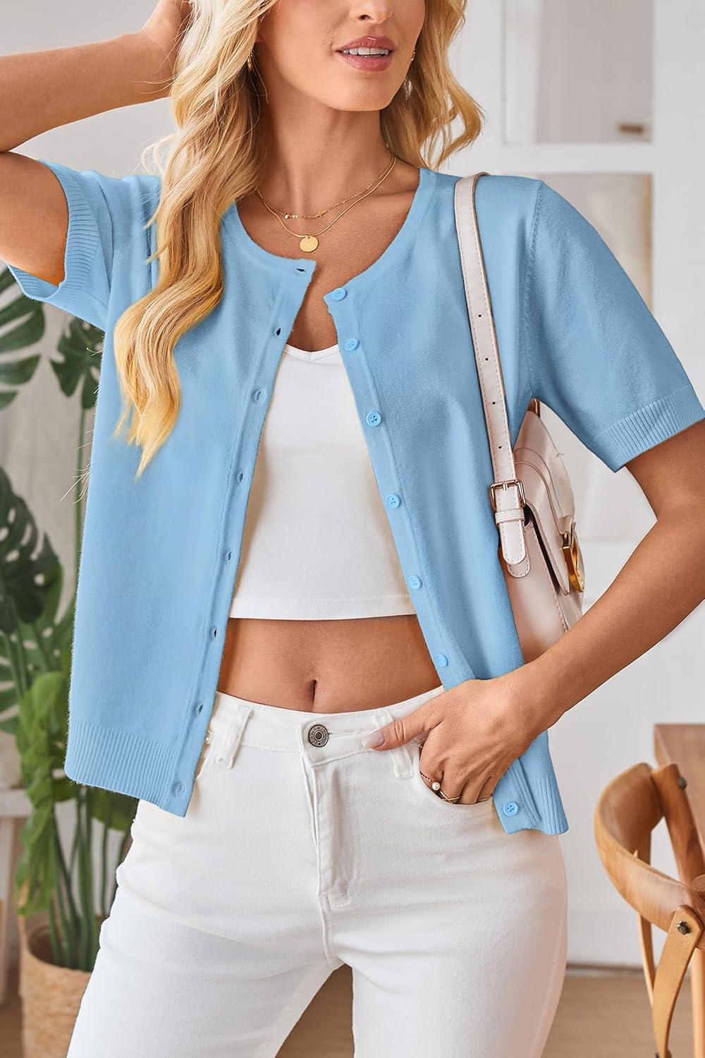 imageArachampCloz Womens Lightweight Short Sleeve Business Casual Cropped Cardigan TopsLight Blue