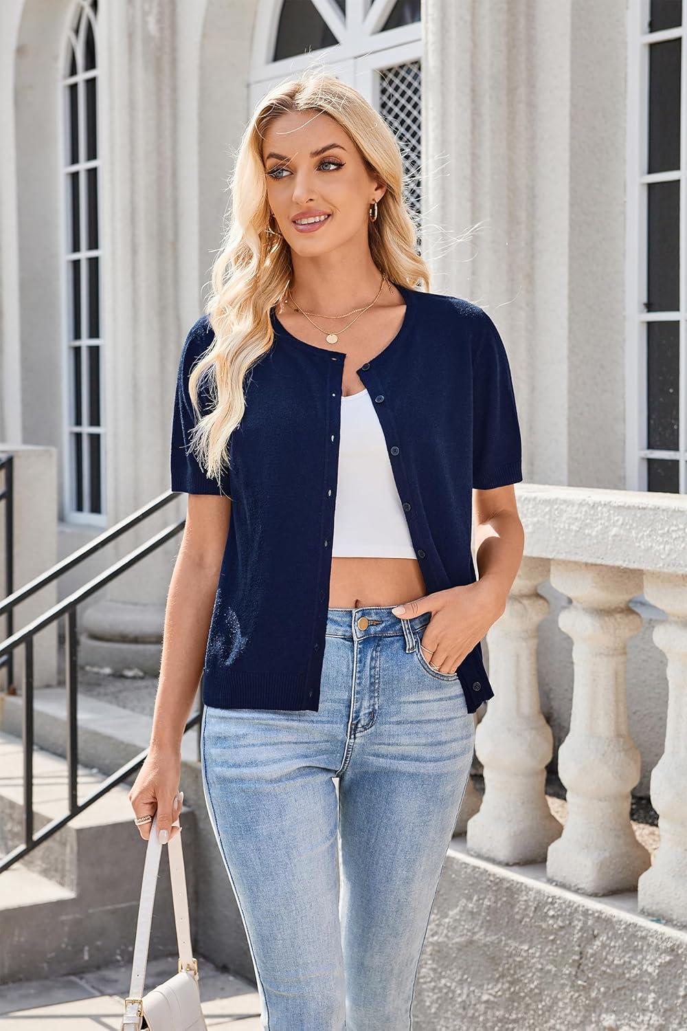 imageArachampCloz Womens Lightweight Short Sleeve Business Casual Cropped Cardigan TopsNavy
