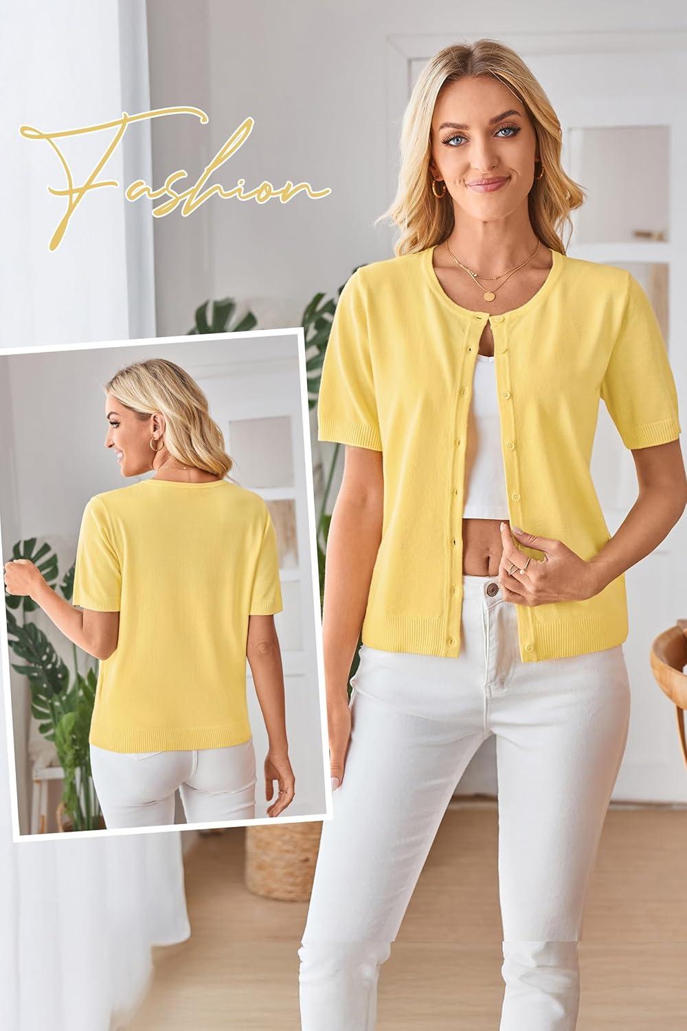 imageArachampCloz Womens Lightweight Short Sleeve Business Casual Cropped Cardigan TopsYellow