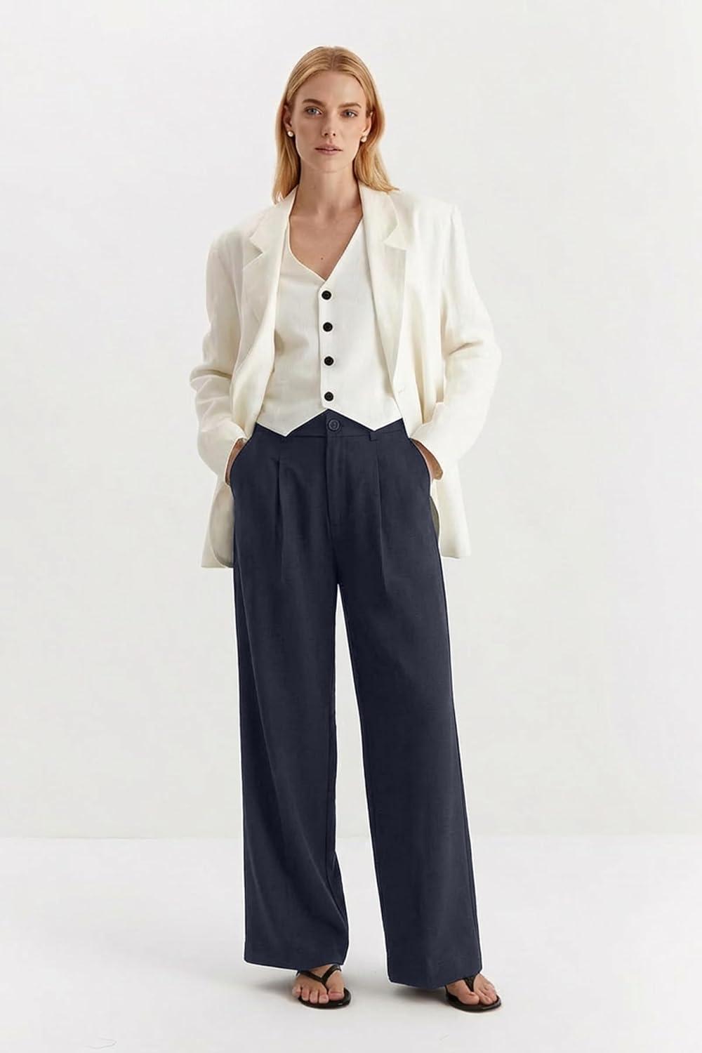 imageArachampCloz Womens Linen Blend Wide Leg Palazzo Pants AllSeason Business Casual Outfits Dress TrousersNavy