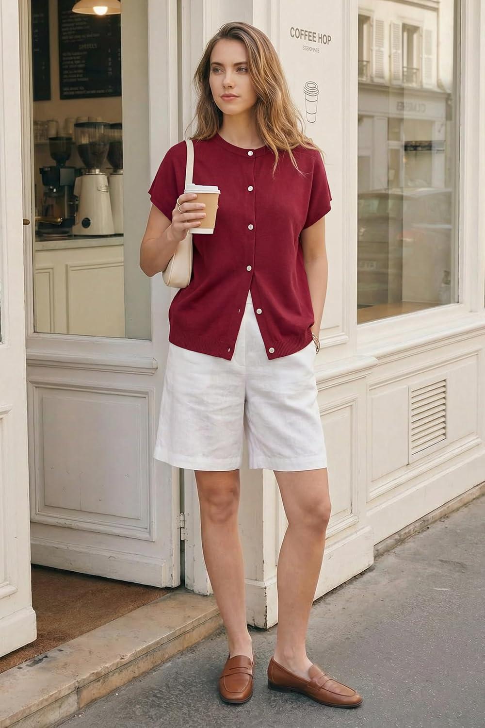 imageArachampCloz Womens Wool Blend Batwing Short Sleeve Button Up Summer Oversized Cardigan SweatersBurgundy