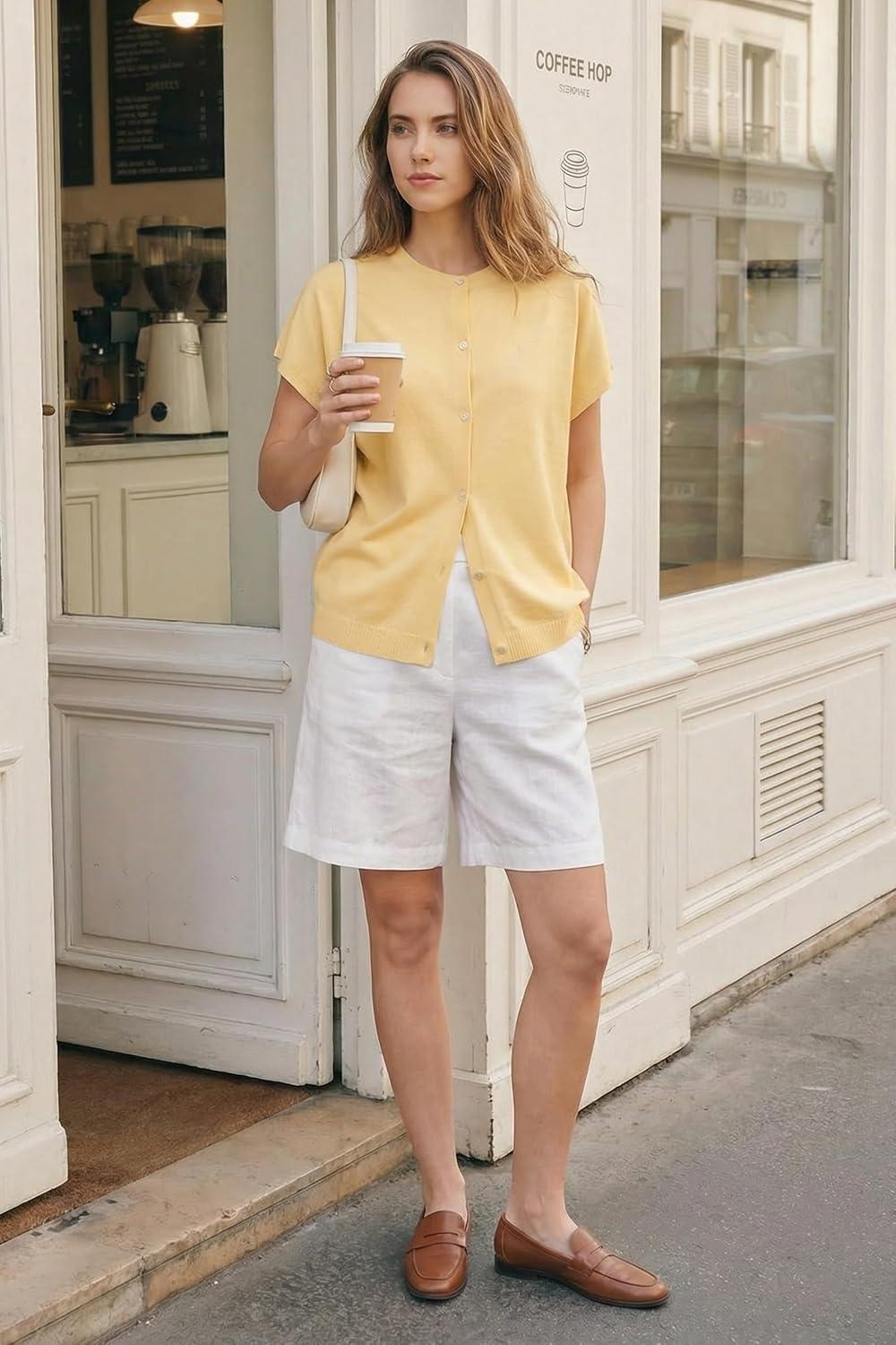 imageArachampCloz Womens Wool Blend Batwing Short Sleeve Button Up Summer Oversized Cardigan SweatersYellow