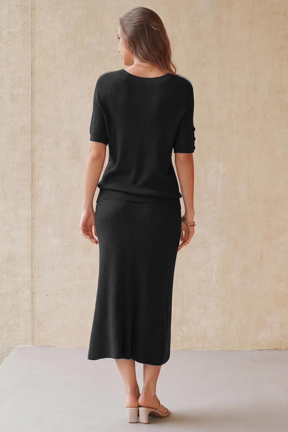 imageArachampCloz Womens Wool Blend Sweater 2 Piece Sets Business Casual Short Sleeve Top Midi Dress OutfitsBlack