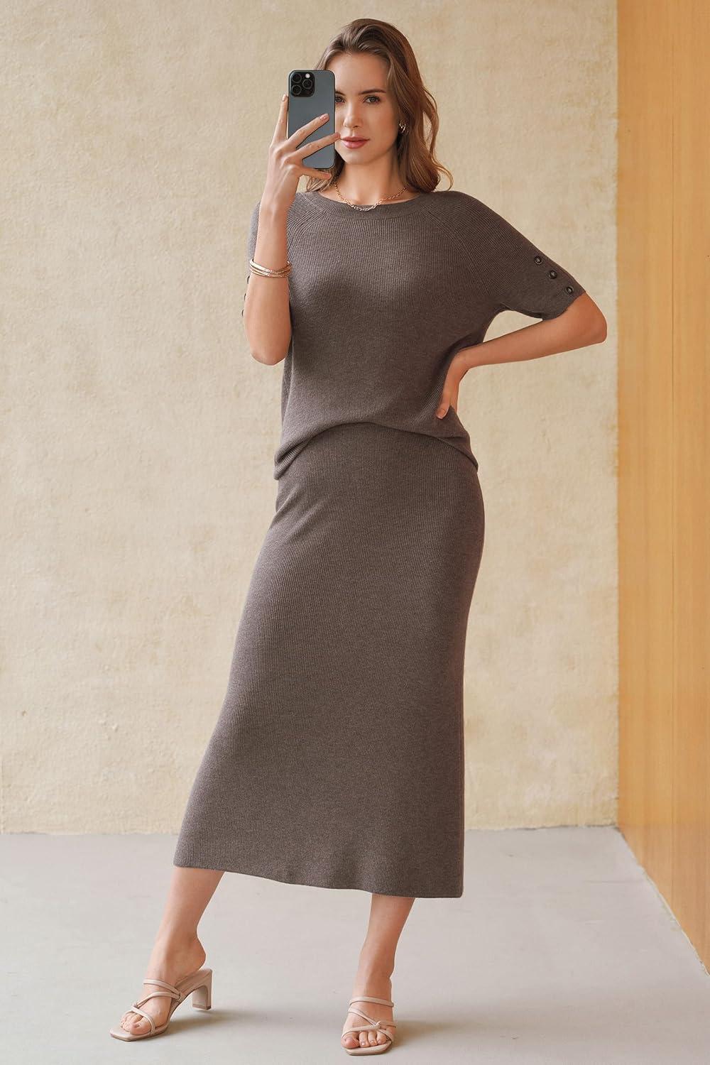 imageArachampCloz Womens Wool Blend Sweater 2 Piece Sets Business Casual Short Sleeve Top Midi Dress OutfitsCoffee