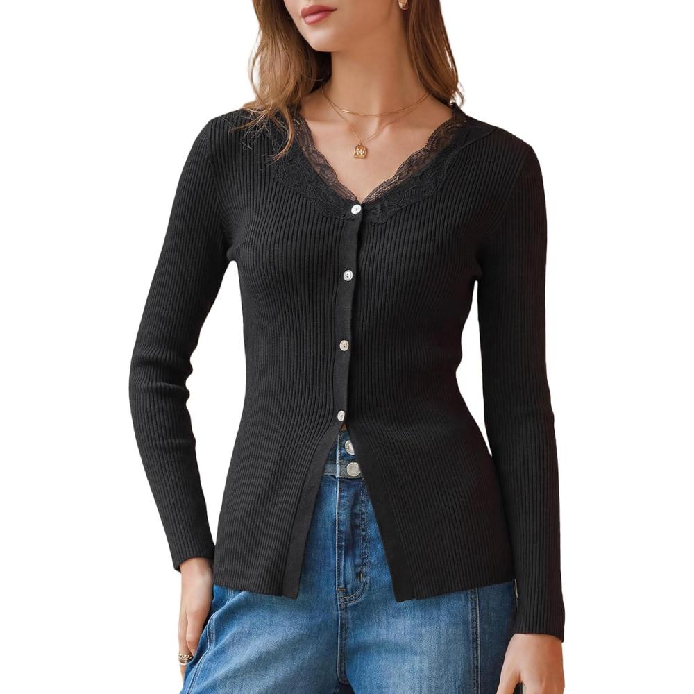 imageArachampCloz Womens 100 Cotton Lace Button Going Out Slim Fitted Cardigan Sweater 2026Black