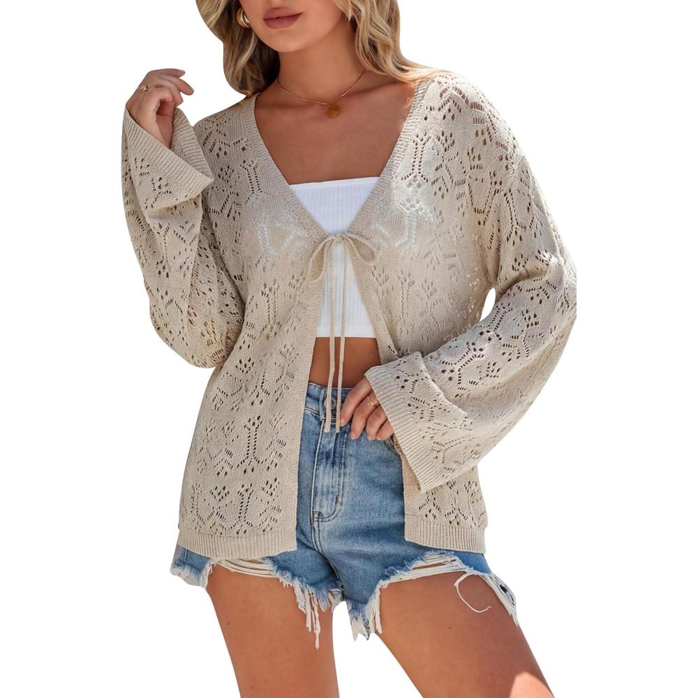 imageArachampCloz Womens Linen Blend Crochet Cardigans Summer Lightweight Hollow Out Beach Vacation Outfits Trendy 2026Khaki