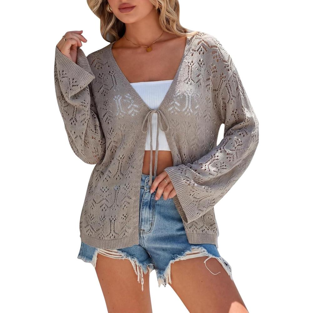 imageArachampCloz Womens Linen Blend Crochet Cardigans Summer Lightweight Hollow Out Beach Vacation Outfits Trendy 2026Nutmeg