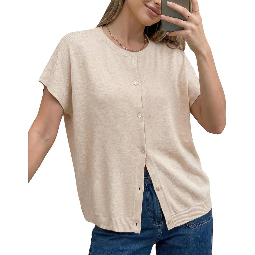 imageArachampCloz Womens Wool Blend Batwing Short Sleeve Button Up Summer Oversized Cardigan SweatersApricot