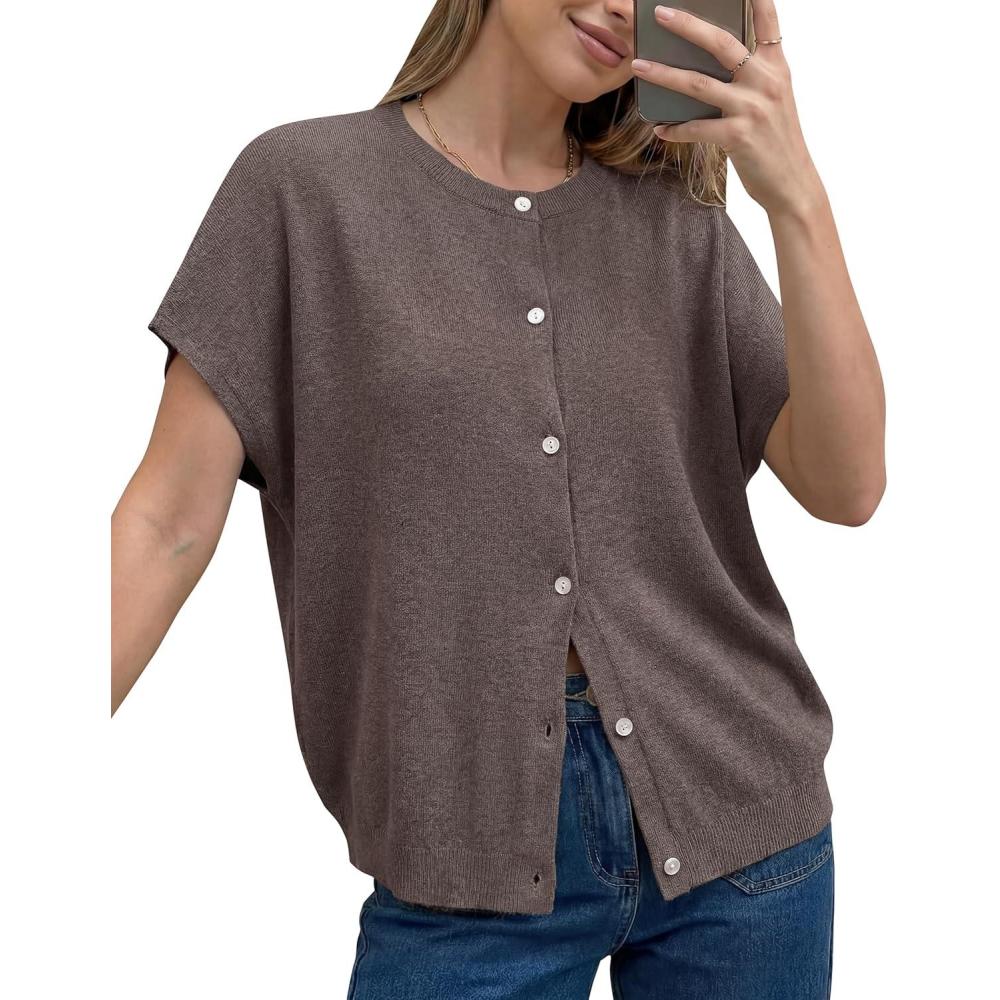 imageArachampCloz Womens Wool Blend Batwing Short Sleeve Button Up Summer Oversized Cardigan SweatersCoffee