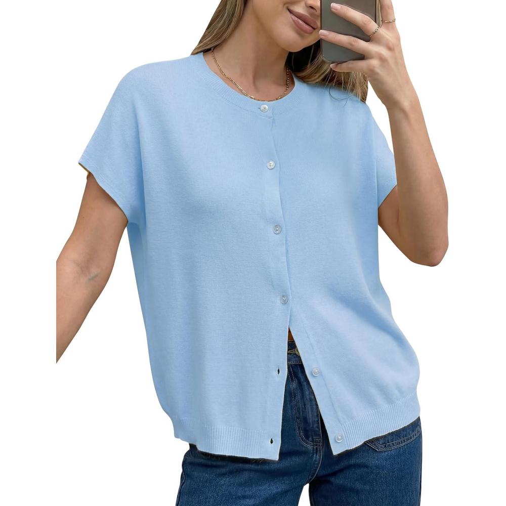 imageArachampCloz Womens Wool Blend Batwing Short Sleeve Button Up Summer Oversized Cardigan SweatersLight Blue