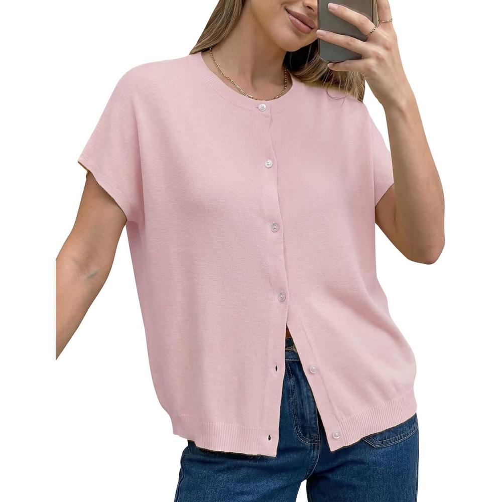 imageArachampCloz Womens Wool Blend Batwing Short Sleeve Button Up Summer Oversized Cardigan SweatersLight Pink