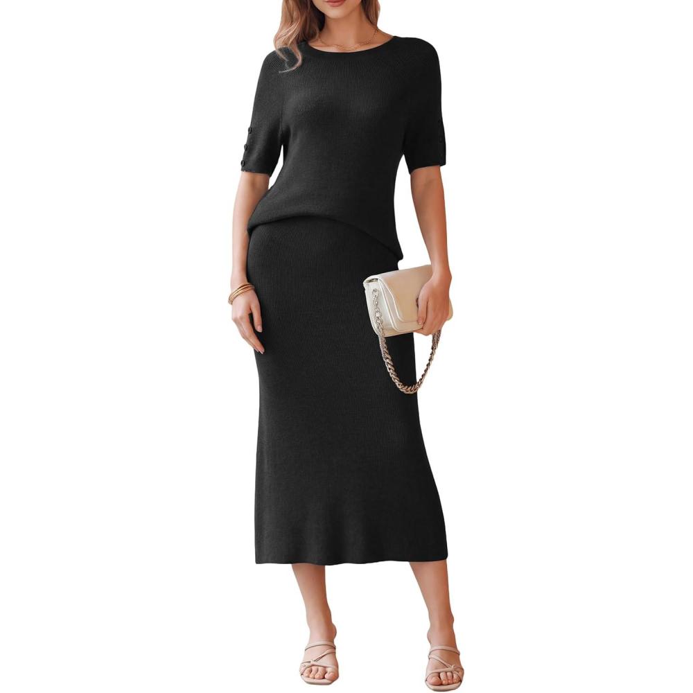 imageArachampCloz Womens Wool Blend Sweater 2 Piece Sets Business Casual Short Sleeve Top Midi Dress OutfitsBlack