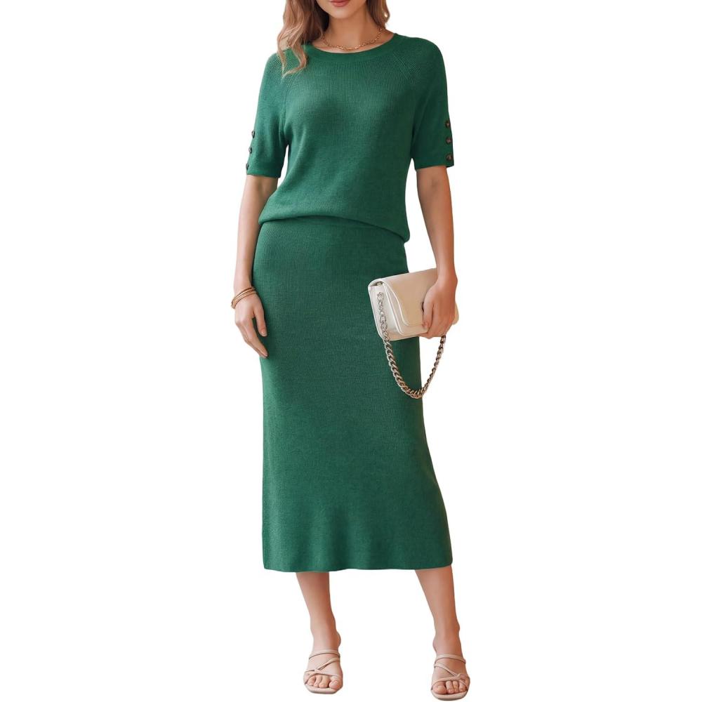 imageArachampCloz Womens Wool Blend Sweater 2 Piece Sets Business Casual Short Sleeve Top Midi Dress OutfitsTeal