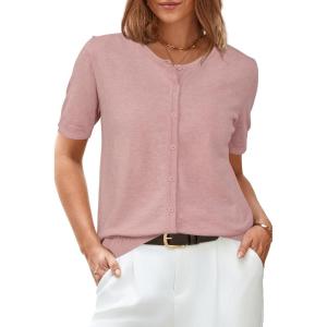 Arach&Cloz Women’s Lightweight Short Sleeve Business Casual Cropped Cardigan Tops(Dusty Pink)
