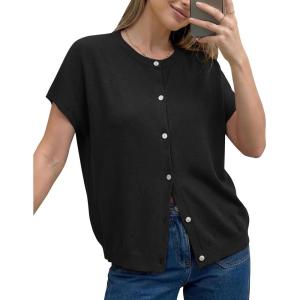 Arach&Cloz Women’s Wool Blend Batwing Short Sleeve Button Up Summer Oversized Cardigan Sweaters(Black)