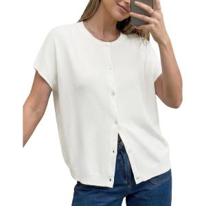 Arach&Cloz Women’s Wool Blend Batwing Short Sleeve Button Up Summer Oversized Cardigan Sweaters(Off-white)