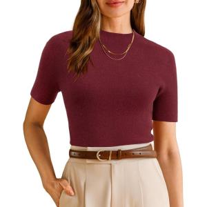 Arach&Cloz Women’s Wool Blend Spring Seamless Rip Resistant Tops Opaque Business Casual Shirts(Dark Red)