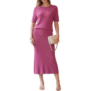 Arach&Cloz Women’s Wool Blend Sweater 2 Piece Sets Business Casual Short Sleeve Top Midi Dress Outfits(Rose Red)