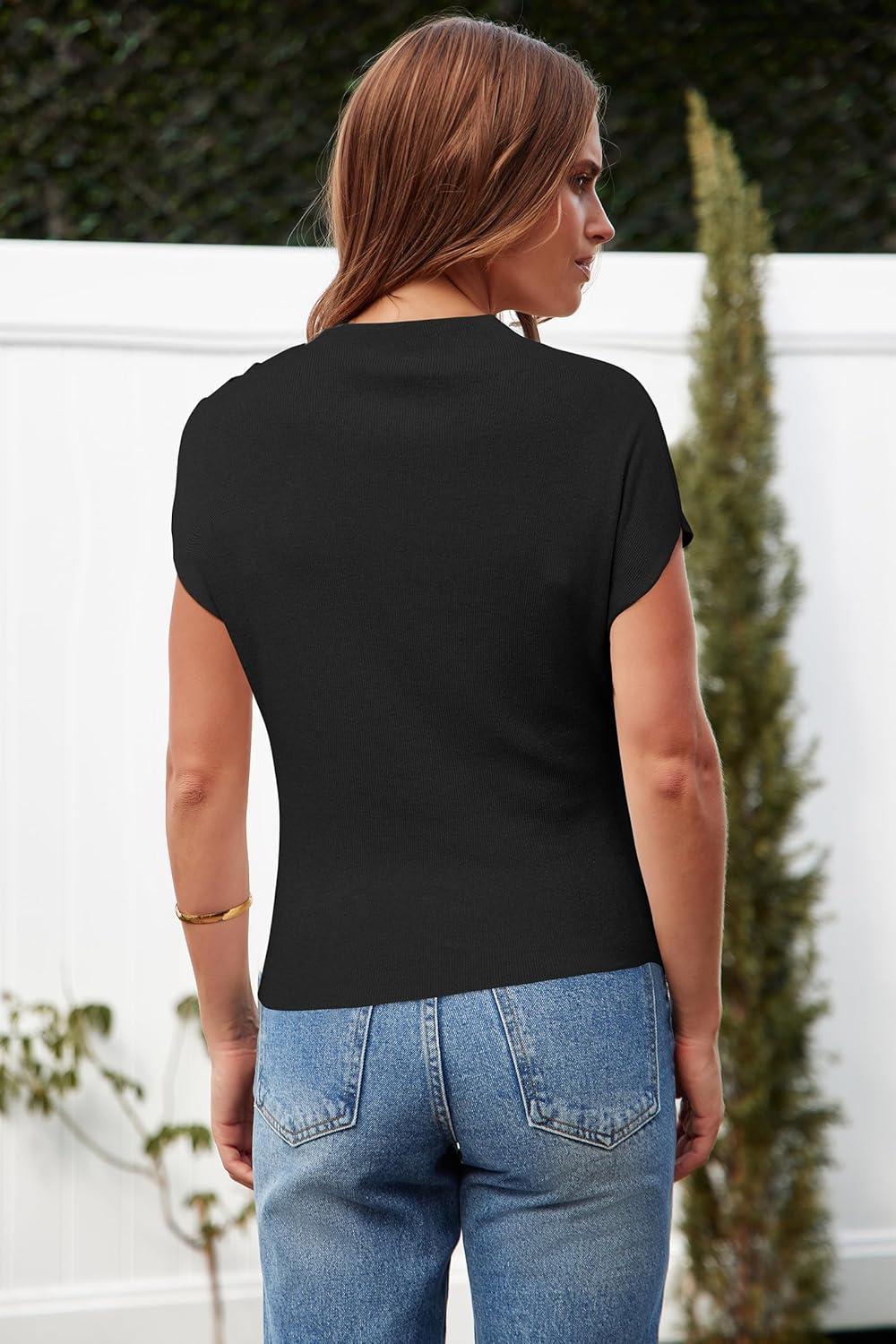 imageArachampCloz Womens Ruched Summer Tops Mock Neck Cap Sleeve Slim Fit Blouses 2026Black