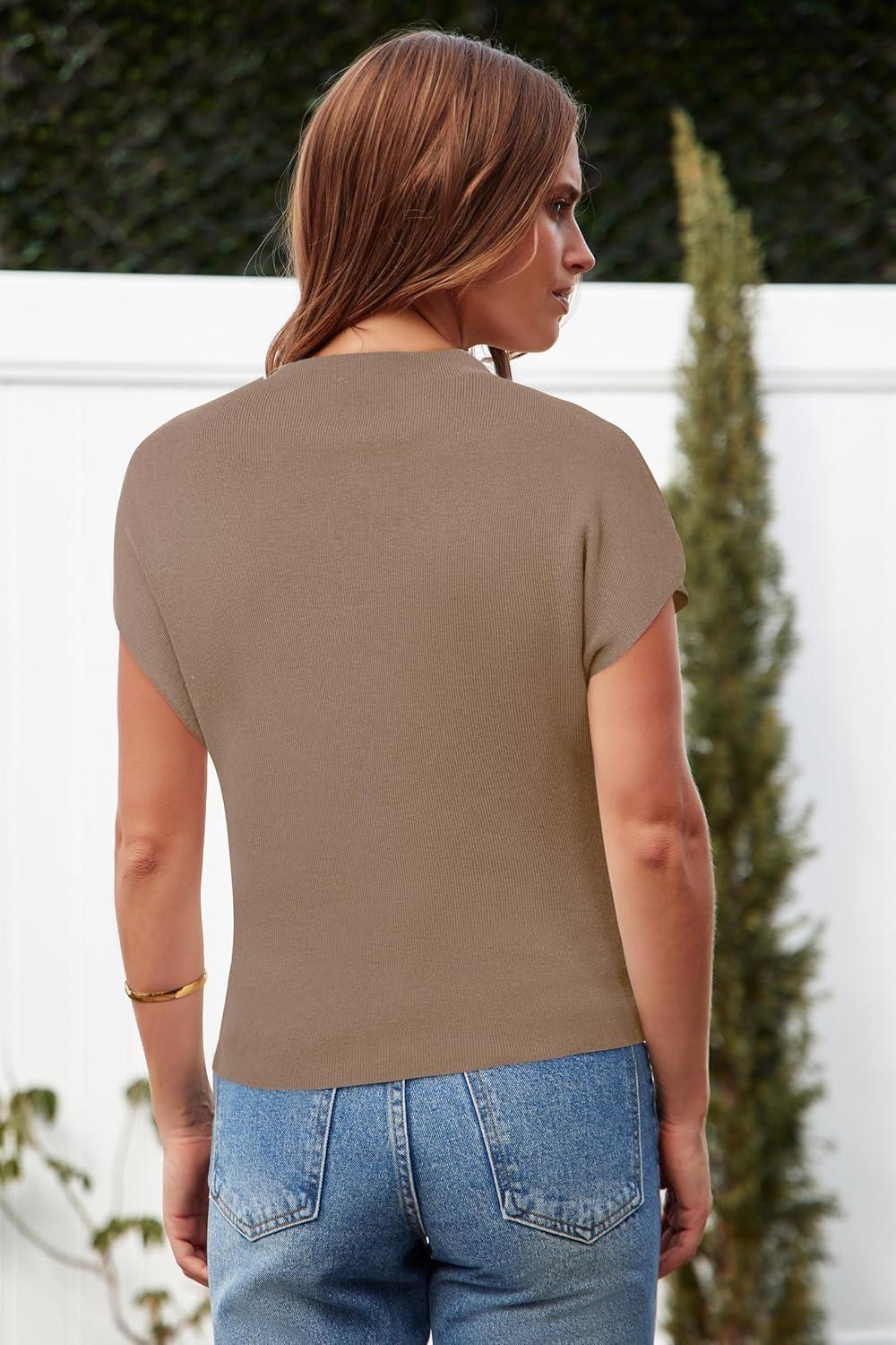 imageArachampCloz Womens Ruched Summer Tops Mock Neck Cap Sleeve Slim Fit Blouses 2026Dark Beige