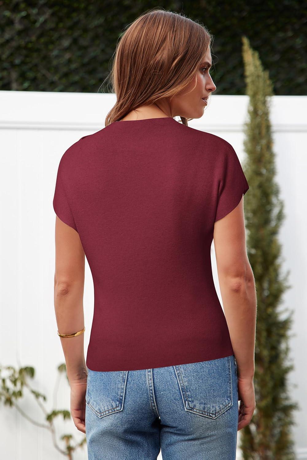 imageArachampCloz Womens Ruched Summer Tops Mock Neck Cap Sleeve Slim Fit Blouses 2026Ndark Red