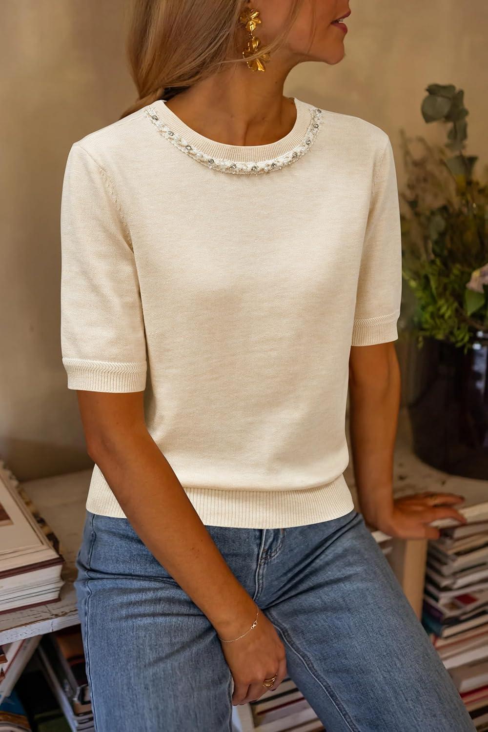 imageArachampCloz Womens Wool Blend Elegant Crew Neck Sweaters for Fall 2025Apricot