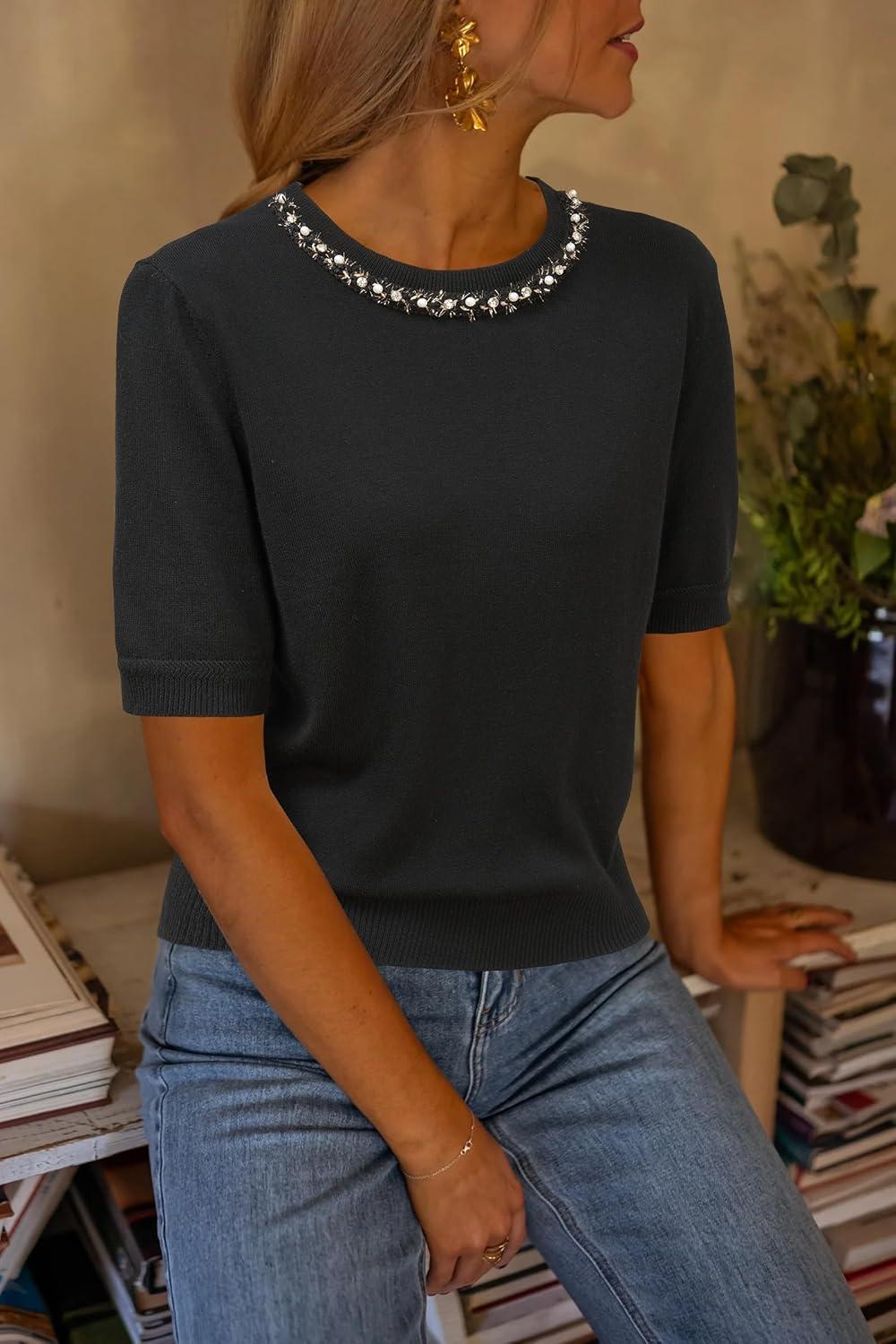 imageArachampCloz Womens Wool Blend Elegant Crew Neck Sweaters for Fall 2025Black