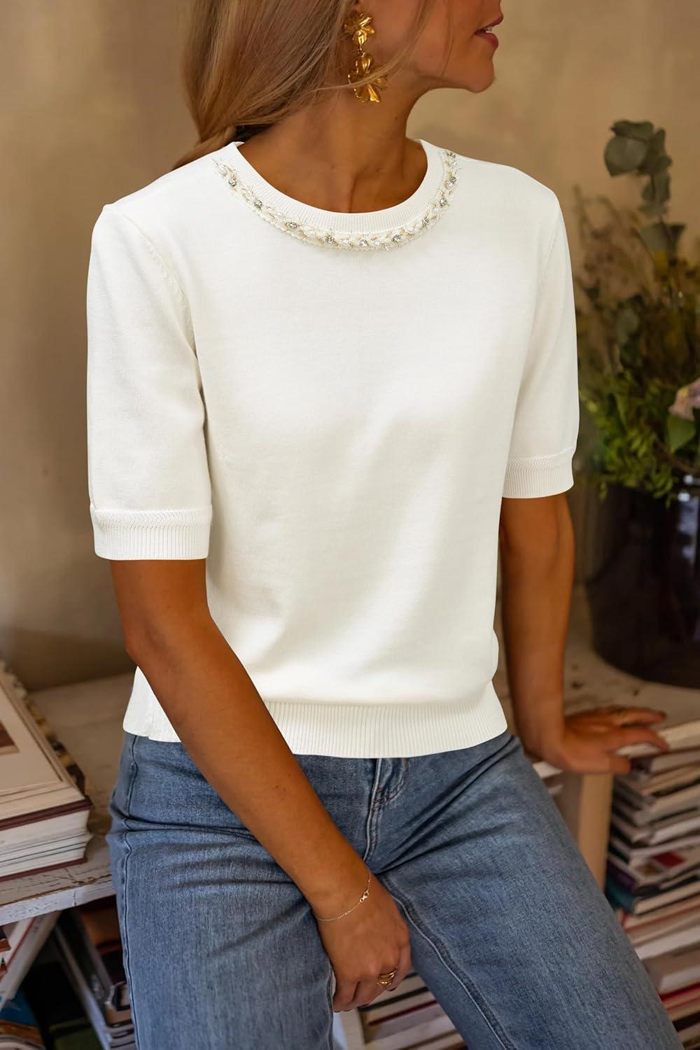 imageArachampCloz Womens Wool Blend Elegant Crew Neck Sweaters for Fall 2025Offwhite