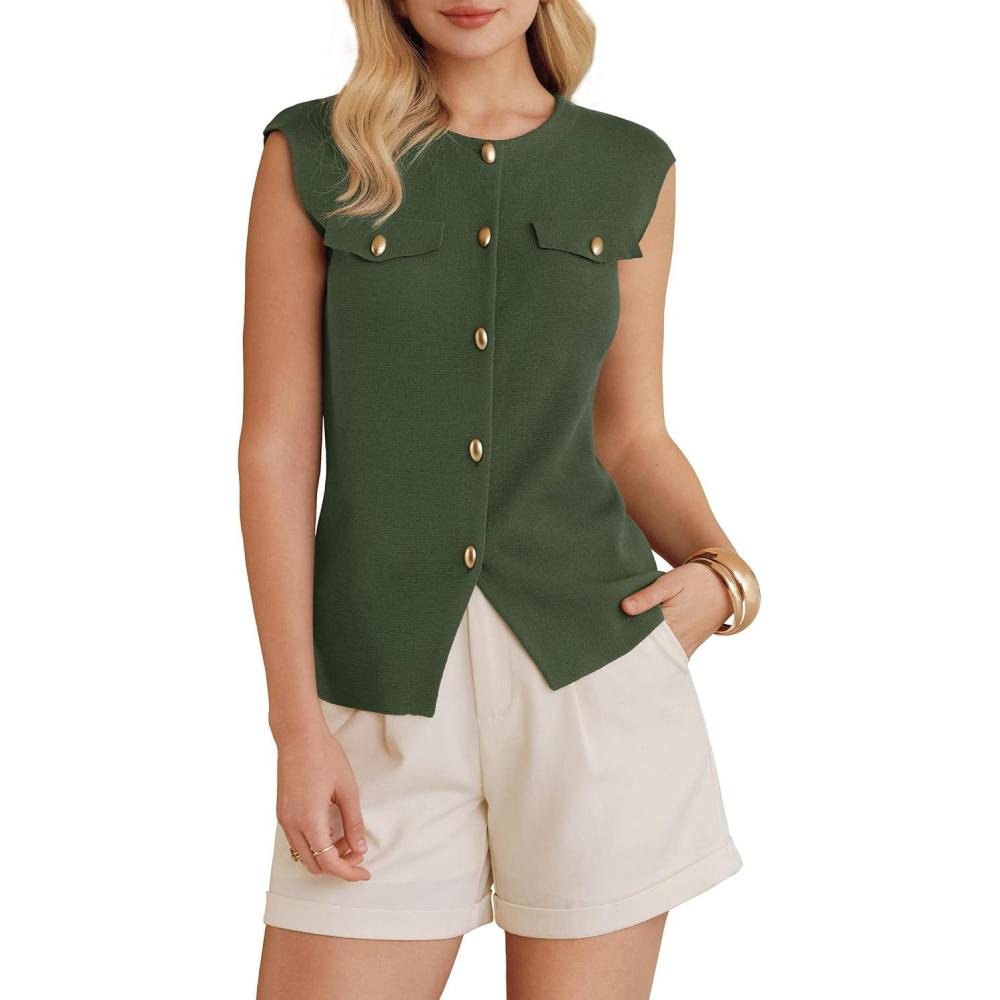 imageArachampCloz Womens Button Down Slit Hem Business Casual Sleeveless Blazers Vest Tops 2026Army Green