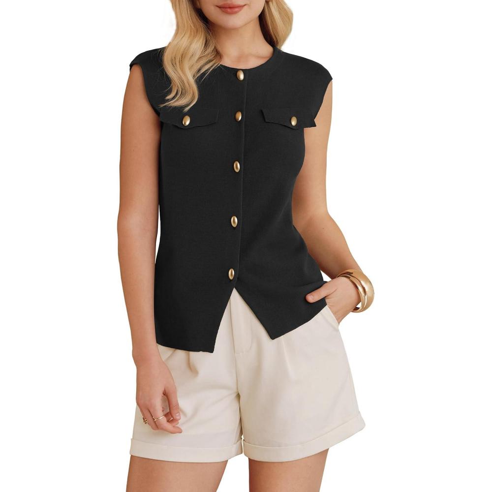imageArachampCloz Womens Button Down Slit Hem Business Casual Sleeveless Blazers Vest Tops 2026Black