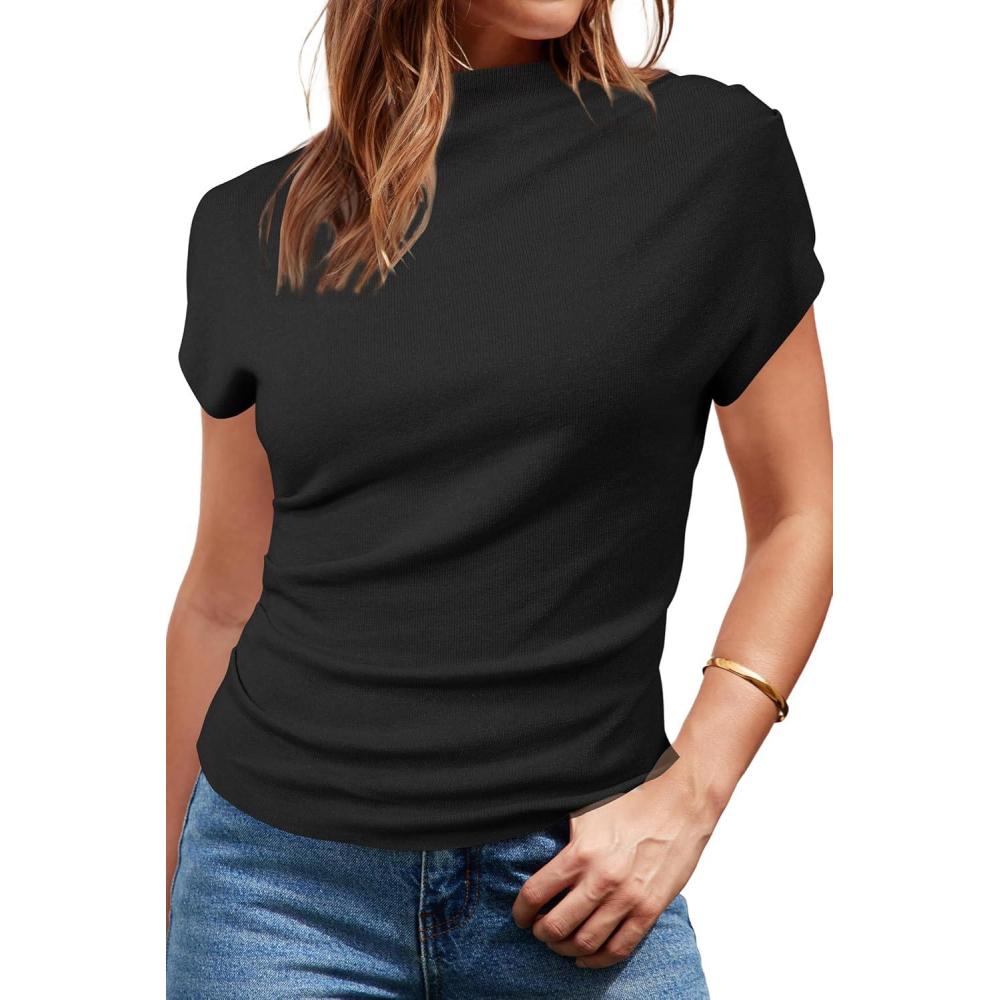 imageArachampCloz Womens Ruched Summer Tops Mock Neck Cap Sleeve Slim Fit Blouses 2026Black