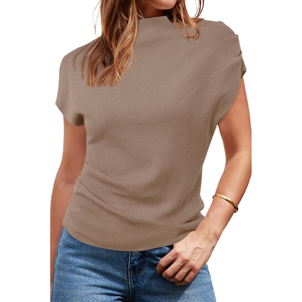 imageArachampCloz Womens Ruched Summer Tops Mock Neck Cap Sleeve Slim Fit Blouses 2026Dark Beige