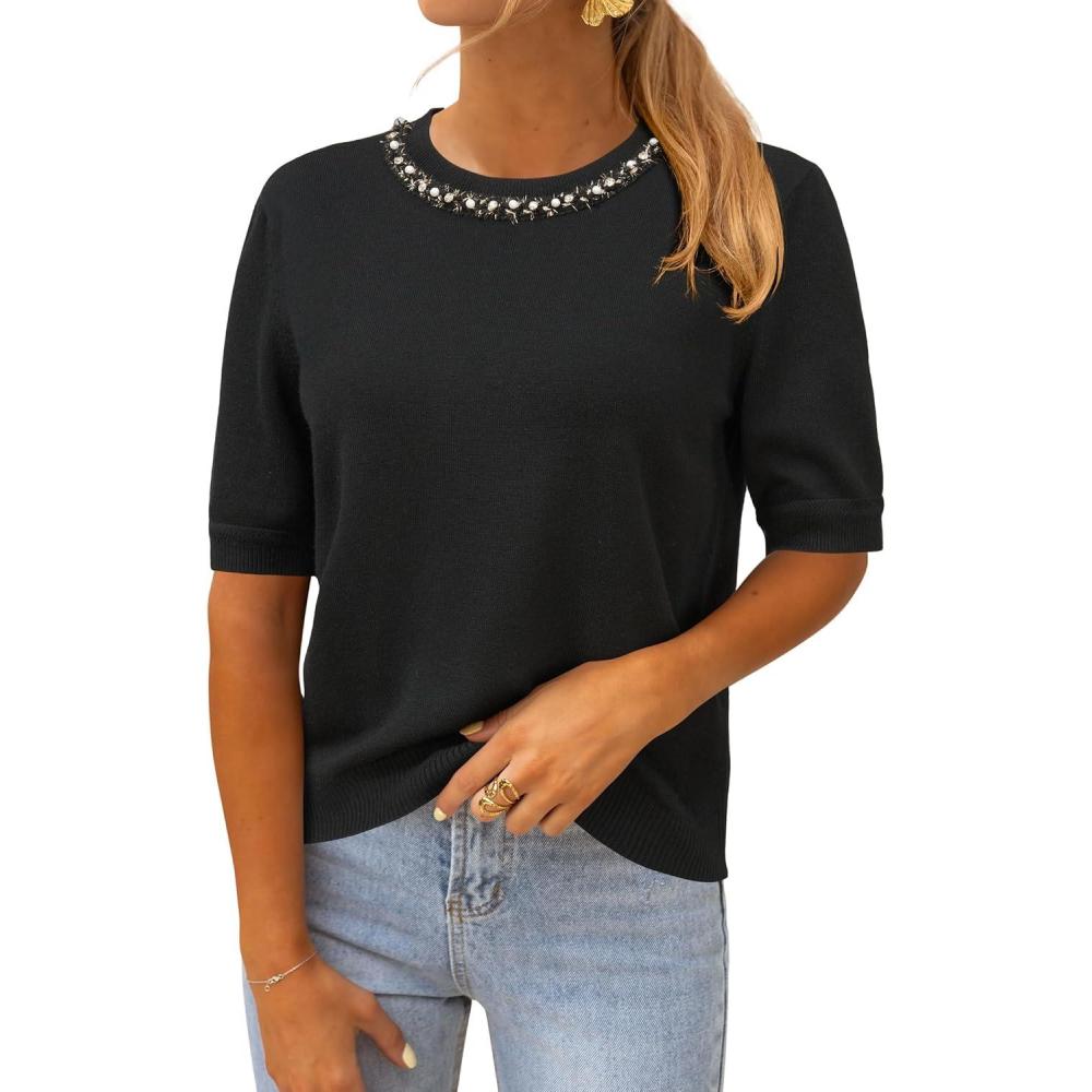imageArachampCloz Womens Wool Blend Elegant Crew Neck Sweaters for Fall 2025Black