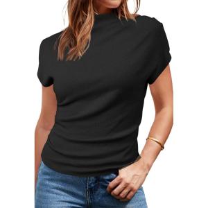 Arach&Cloz Women’s Ruched Summer Tops Mock Neck Cap Sleeve Slim Fit Blouses 2026(Black)