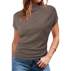 Arach&Cloz Women’s Ruched Summer Tops Mock Neck Cap Sleeve Slim Fit Blouses 2026(Coffee)