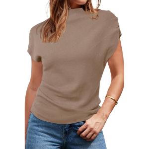Arach&Cloz Women’s Ruched Summer Tops Mock Neck Cap Sleeve Slim Fit Blouses 2026(Dark Beige)