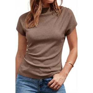 Arach&Cloz Women’s Ruched Summer Tops Mock Neck Cap Sleeve Slim Fit Blouses 2026(N-coffee)