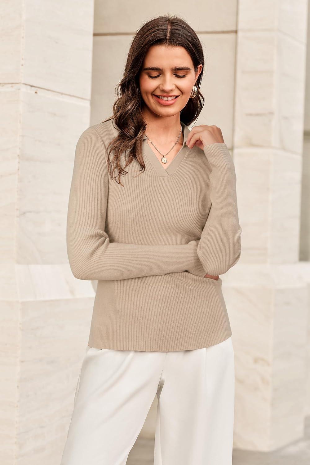 imageArachampCloz Womens Wool Blend Polo Sweater Shirt Business Casual Slim Fitted Fall Tops 2025Apricot