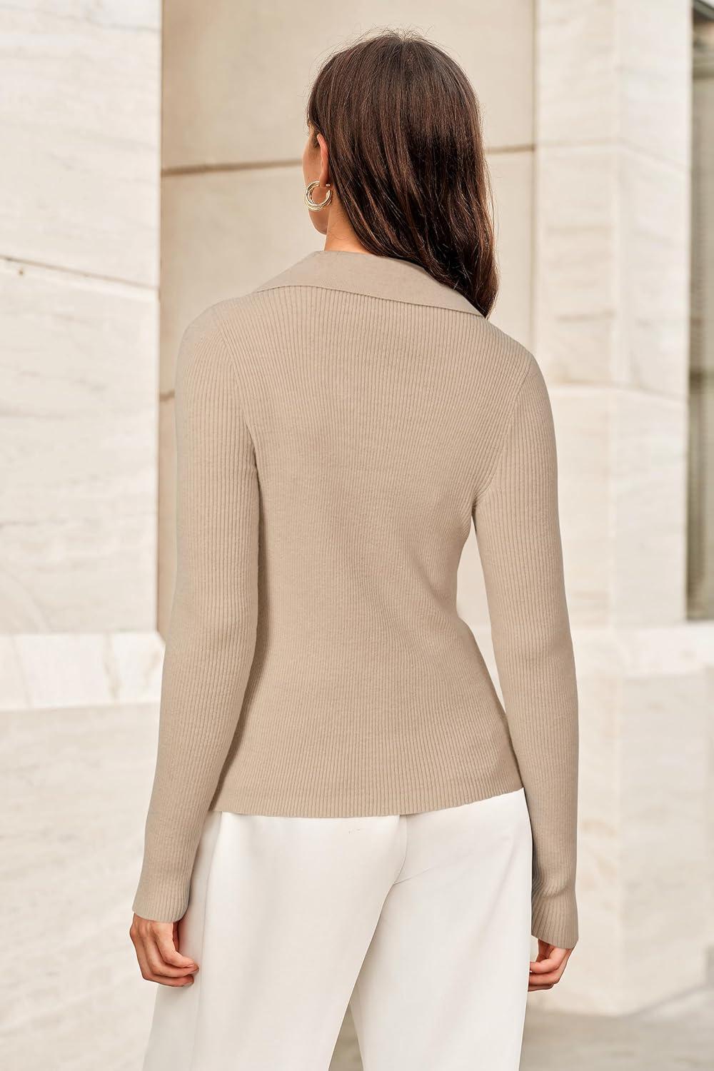 imageArachampCloz Womens Wool Blend Polo Sweater Shirt Business Casual Slim Fitted Fall Tops 2025Apricot