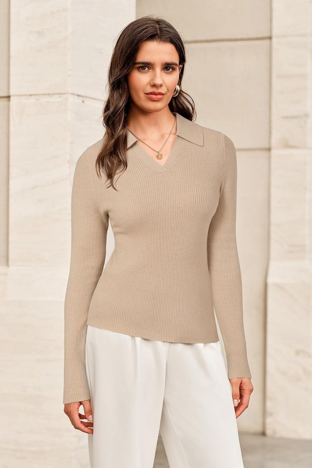 imageArachampCloz Womens Wool Blend Polo Sweater Shirt Business Casual Slim Fitted Fall Tops 2025Apricot
