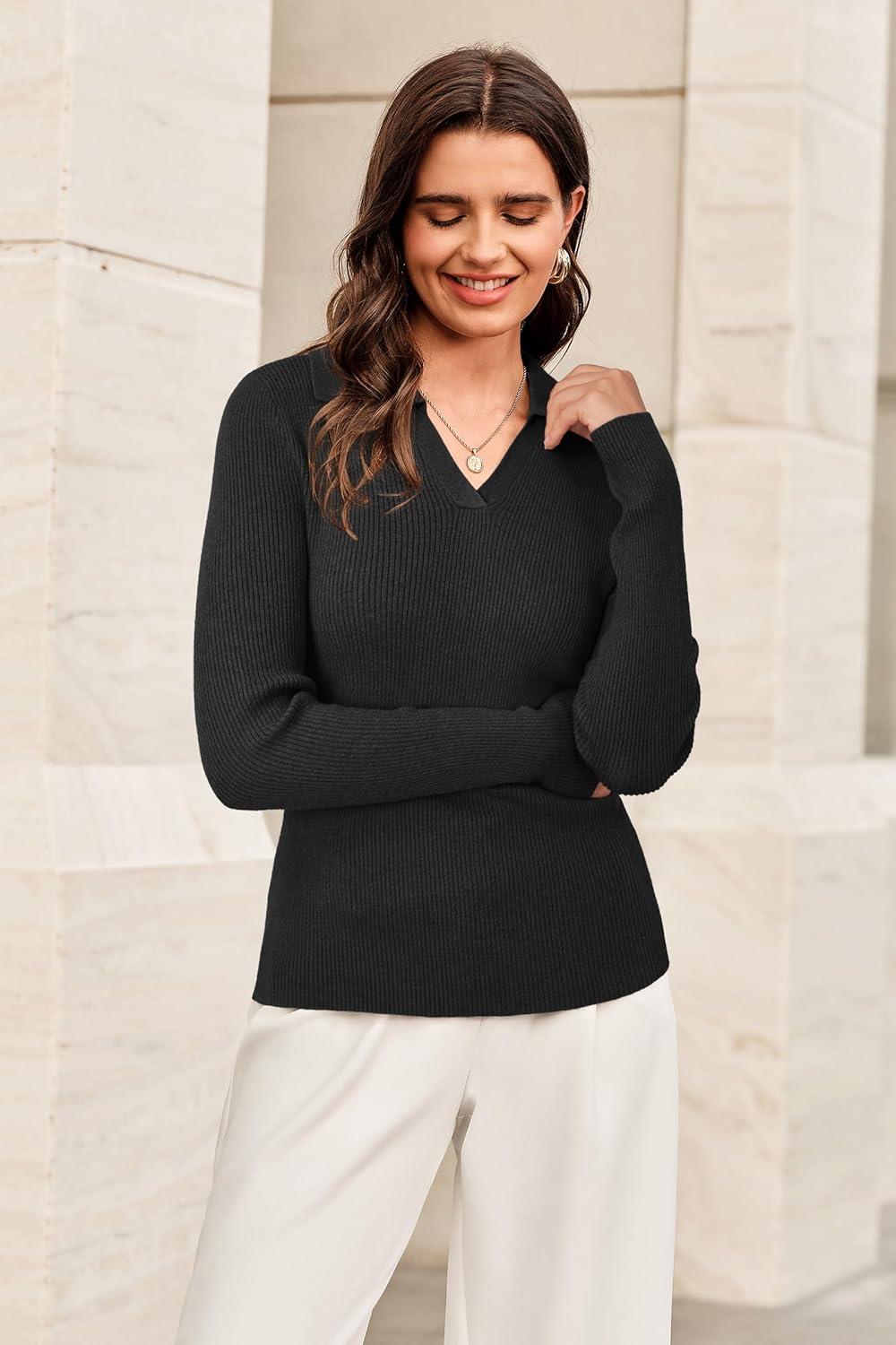 imageArachampCloz Womens Wool Blend Polo Sweater Shirt Business Casual Slim Fitted Fall Tops 2025Black