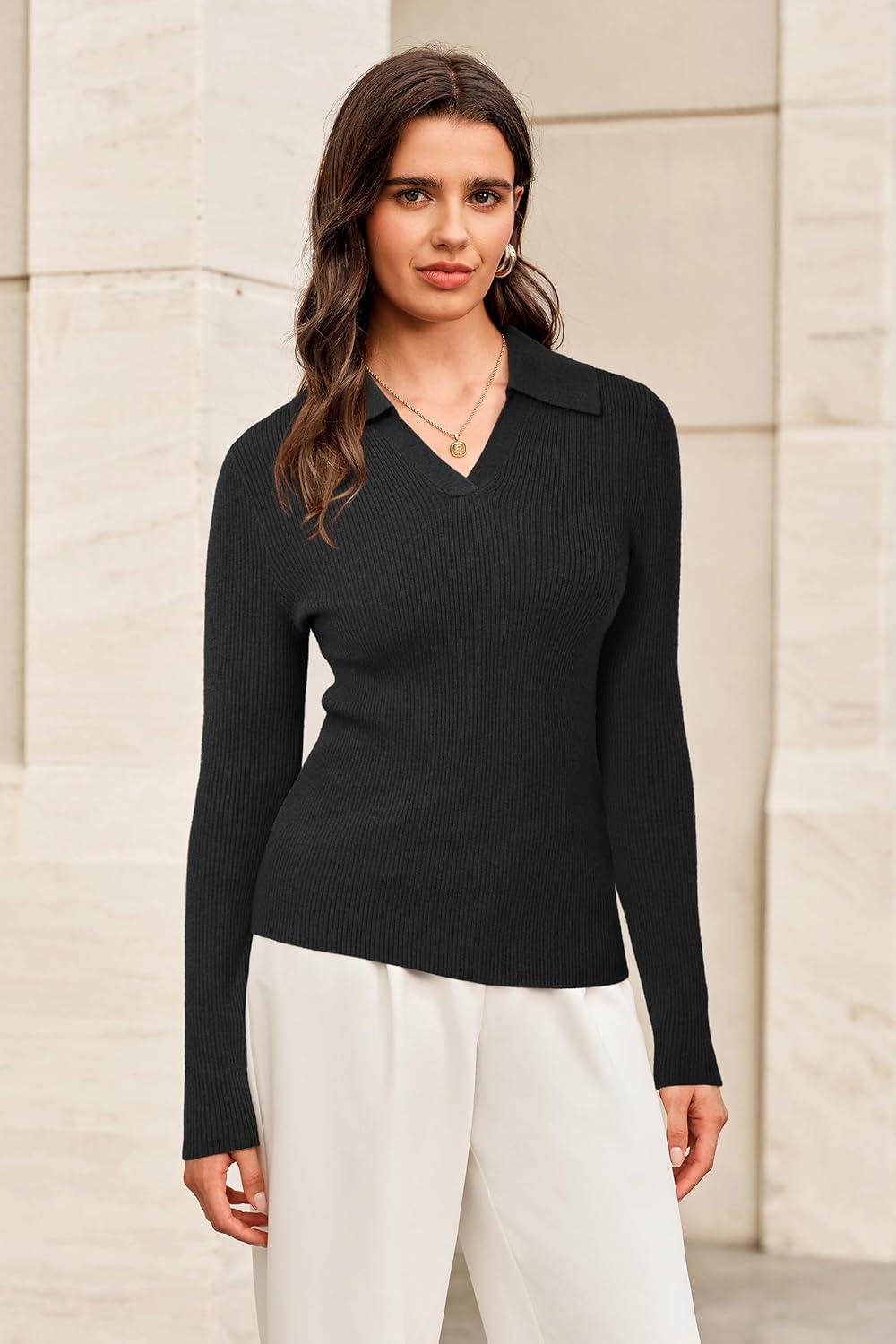 imageArachampCloz Womens Wool Blend Polo Sweater Shirt Business Casual Slim Fitted Fall Tops 2025Black