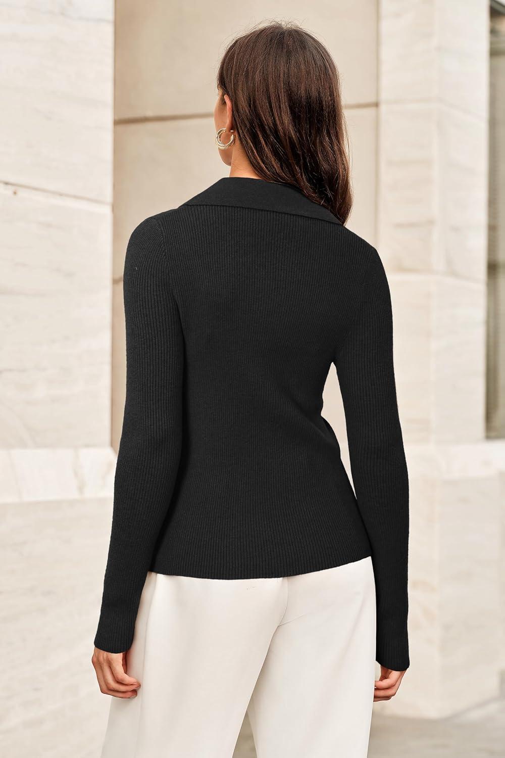 imageArachampCloz Womens Wool Blend Polo Sweater Shirt Business Casual Slim Fitted Fall Tops 2025Black