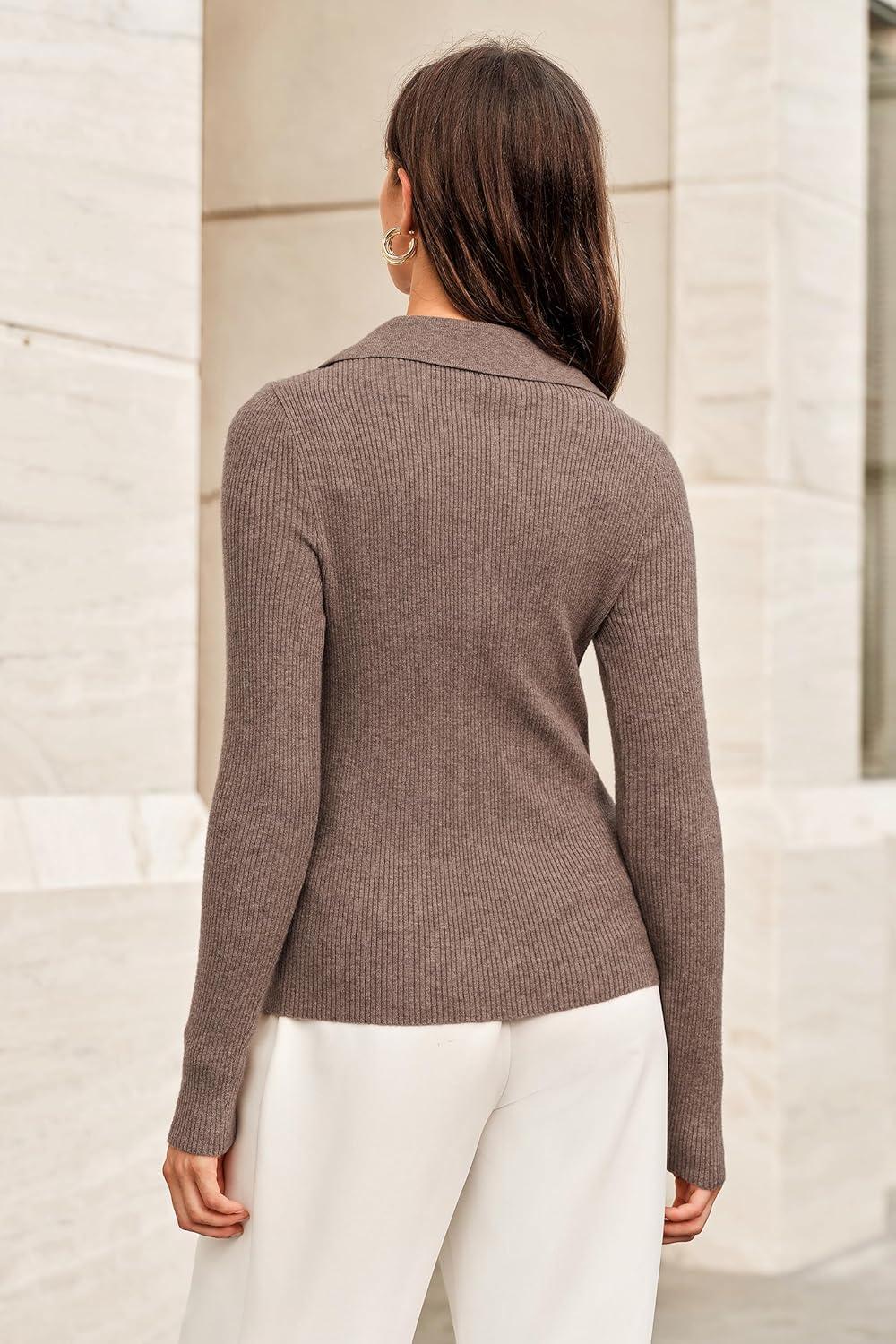 imageArachampCloz Womens Wool Blend Polo Sweater Shirt Business Casual Slim Fitted Fall Tops 2025Coffee