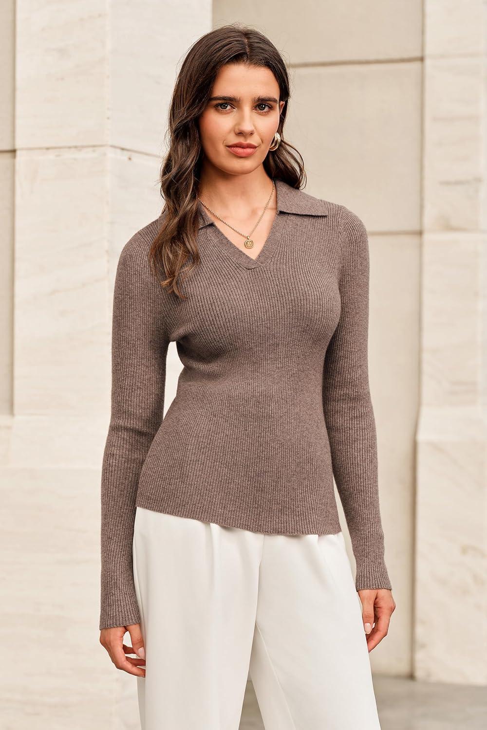 imageArachampCloz Womens Wool Blend Polo Sweater Shirt Business Casual Slim Fitted Fall Tops 2025Coffee
