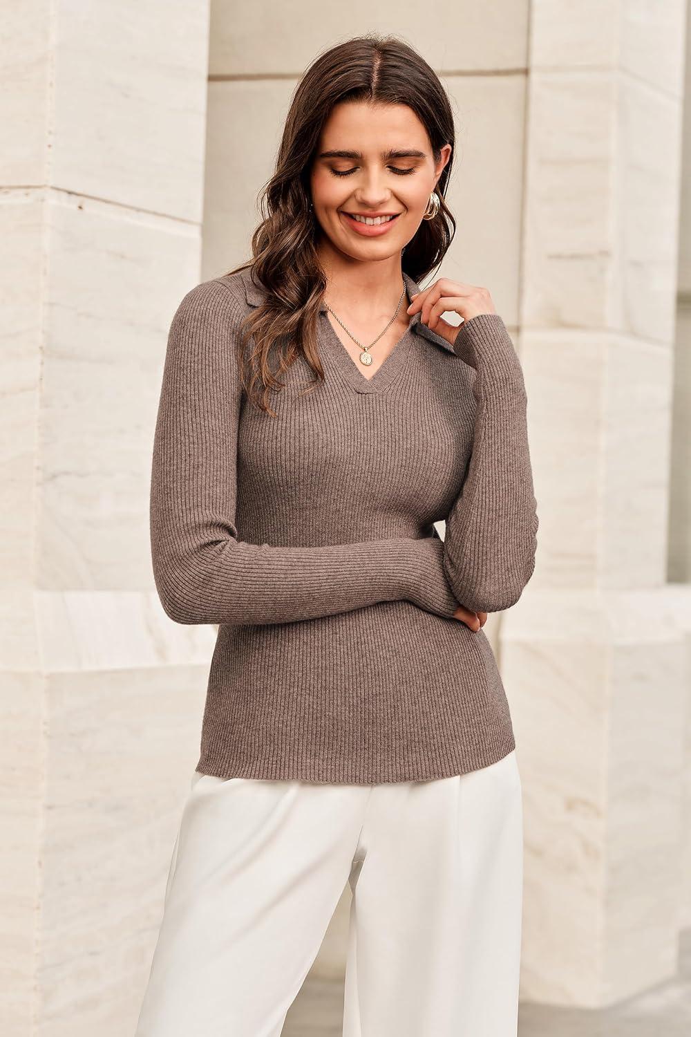imageArachampCloz Womens Wool Blend Polo Sweater Shirt Business Casual Slim Fitted Fall Tops 2025Coffee